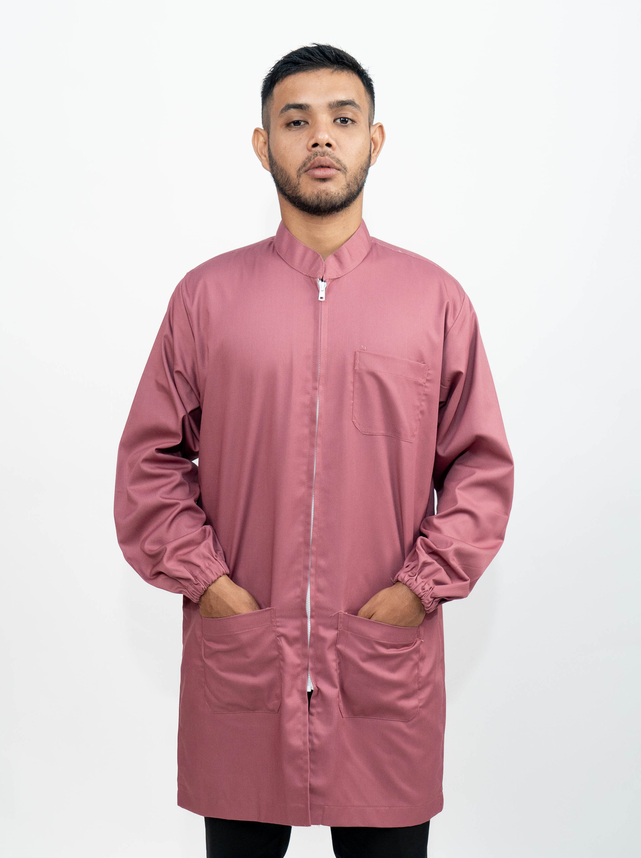 Jas Laboratorium Lengan Panjang dengan Kerut Karet & Resleting YKK PINK NEW PRIA