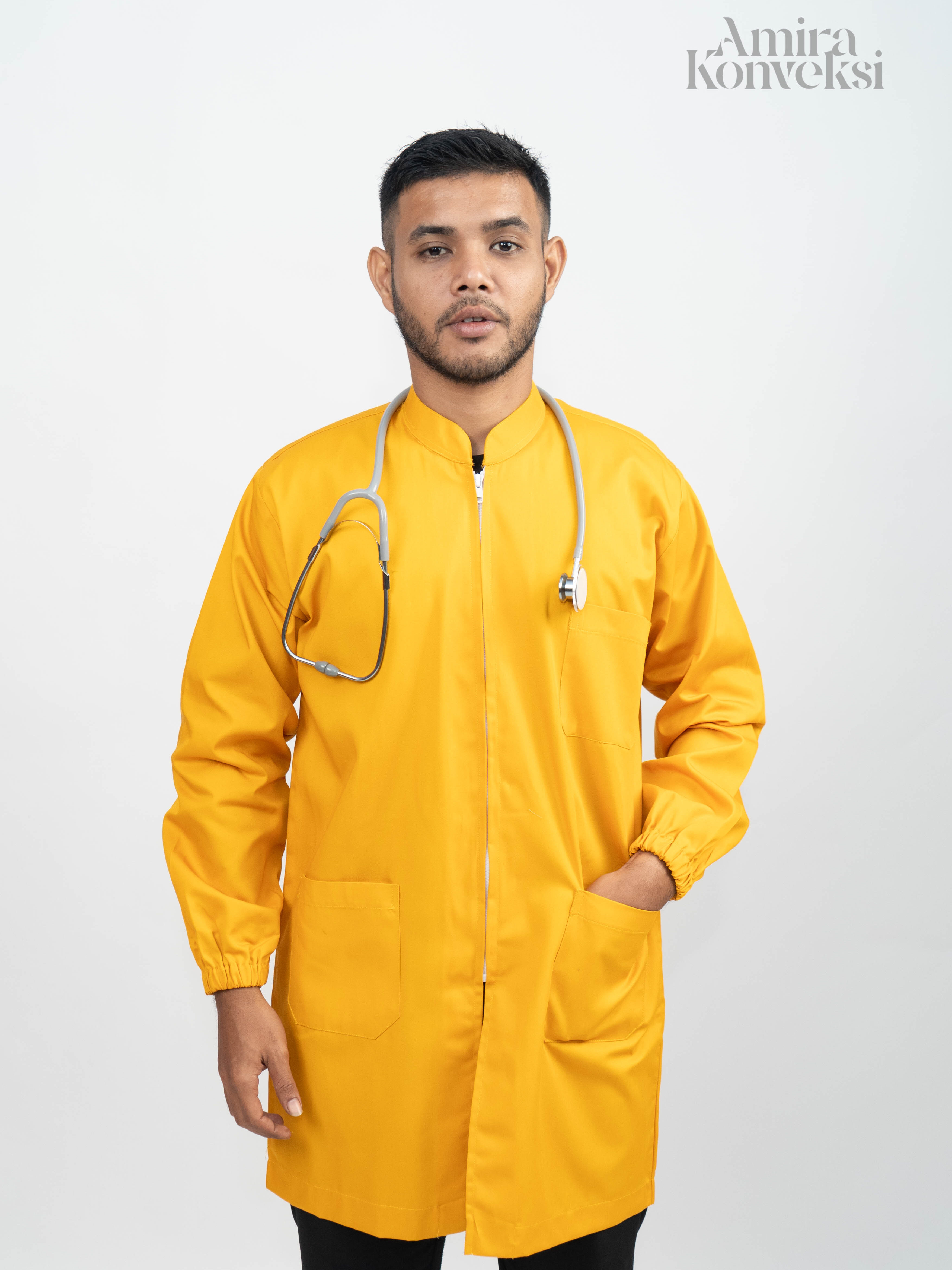 Jas Laboratorium Lengan Panjang dengan Kerut Karet & Resleting YKK KUNING KUNYIT PRIA
