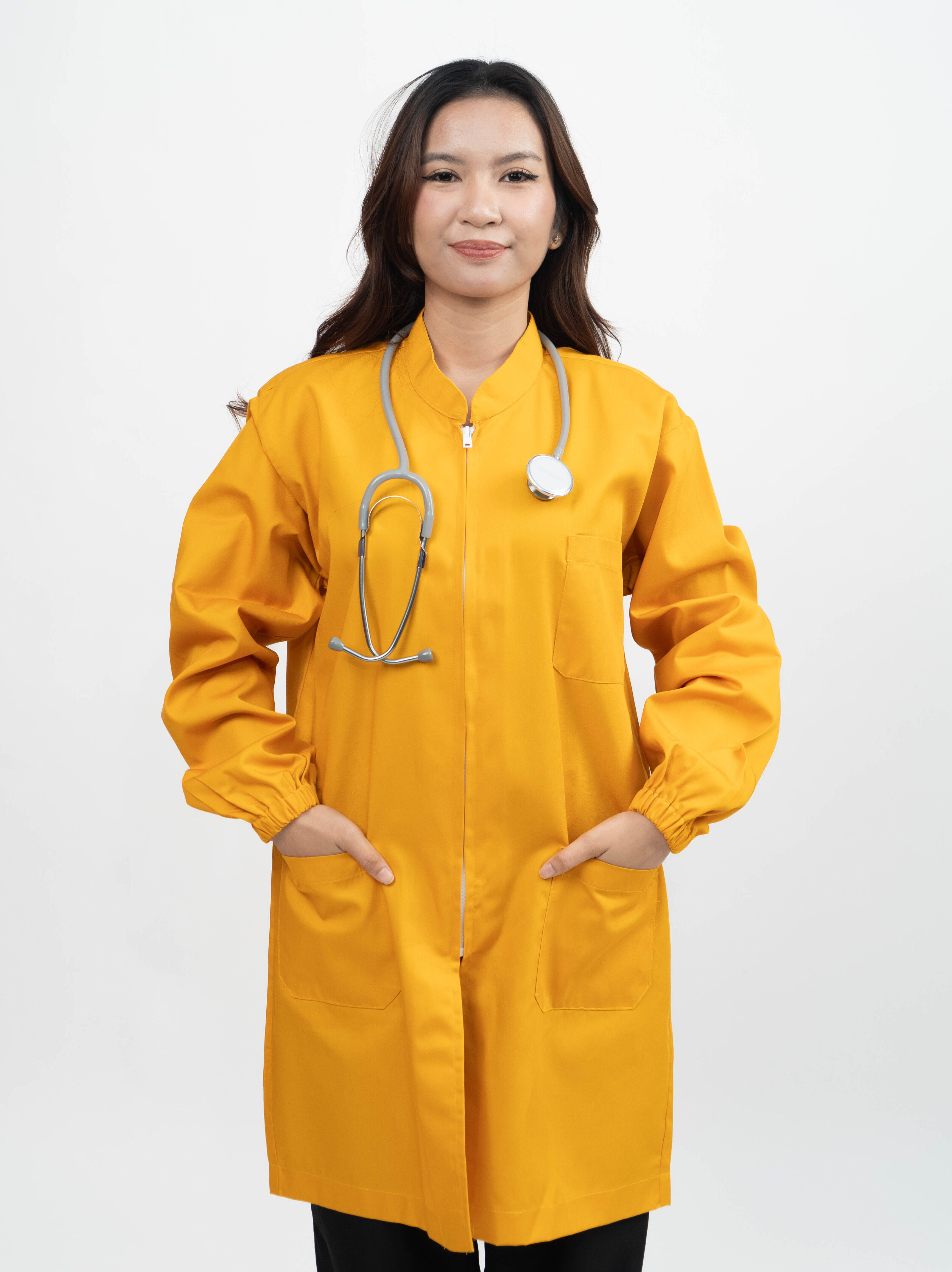 Jas Laboratorium Lengan Panjang dengan Kerut Karet & Resleting YKK Kuning Kunyit